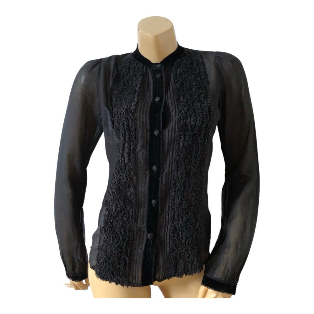 Joie Button Front Blouse Womens S Black Sheer Pintuck Long Sleeve Lightweight